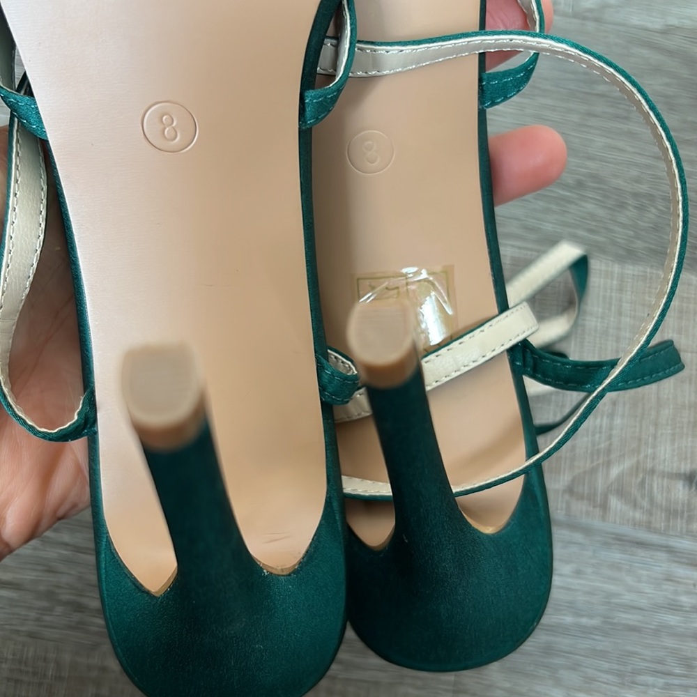 New PLT Emerald Green Satin Toe Thong Cross Over Strap High Heels - Picture 6 of 9